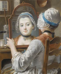 A Girl Wearing a Bonnet, Looking at Herself in a Mirror with a Chocolate Pot and a Cup on the Table, c.1750