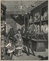 A gold shop in France in the 19th century. Engraving from 1885 in 