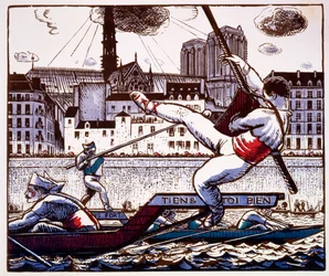A jousting contest at a river festival on the Seine, Paris