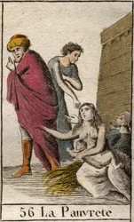 Representation of Poverty, barefoot and clothed in shards, sitting on straw. From “Mythology of Youth” by Pierre Blanchard 1803.