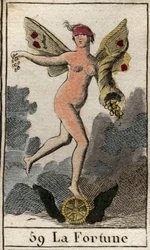 Representation of the Goddess of Chance Fortuna, She Decides the Good and Evil of Human Beings, Holds a Horn of Abundance, and Stands on a Wheel