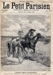 A rider raced against velocipedists: William Frederic Cody, known as Buffalo Bill, and cyclists Gaby and Fournier in Tandem. In Le Petit Parisien on 11/26/1893 (engraving)