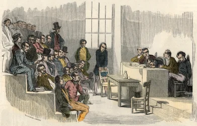 A seance of the contest of aggregation at the Sorbonne in Paris in the 19th century - Engraving from 