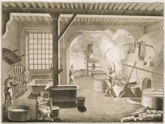 A silk dyers workshop, from the Encyclopedie des Sciences et Metiers by Denis Diderot published c.1770