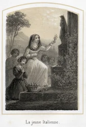 A very pious young Italian woman pays tribute to the Virgin Mary by giving her an olive branch. Anonymous engraving of the 19th century