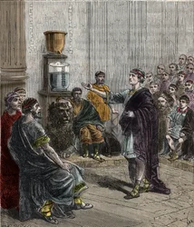 A water clock or clepsydra in Athens - Ancient Greece - Engraving in “Sciences placed at the door of all - physics and chemistry” by Alexis Clerc - End 19th century - Private collection