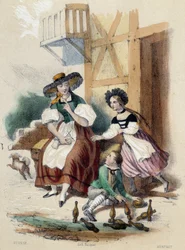 A woman and 2 children playing bowls; illustration for Switzerland in “The Twelve Nations” by M. E. Fouinet