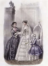 A Woman in a Wedding Dress Surrounded by a Girl and a Lady - in Journal des Demoiselles 1852
