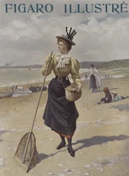 A Woman Walking Along a Beach Carrying Fishing Equipment