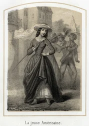 A young American woman causes fights between her suitors. Anonymous engraving of the 19th century