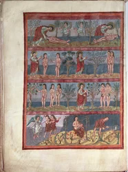 Adam and Eve (from the Moutier-Grandval Bible, illuminated in the Carolingian Abbey of St. Martin, Tours, Latin, c.834-843)