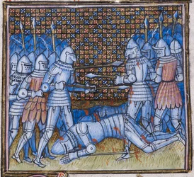 Add. 38659 fol.170, Death of Sir John Chandos. A medieval battle, illumination from 