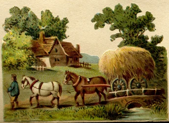 Advertising chromos, cut to size according to the contours of the represented drawings which were very fashionable at the beginning of the 20th century and designed to be cut and pasted in albums, Rural scene, early 20th century
