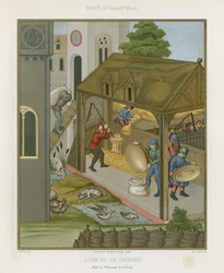 Agricultural workers in a barn
