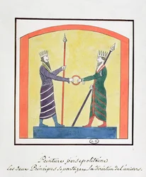 Ahura Mazda and Angra Mainyu dispute the world, copy of a frieze from Persepolis