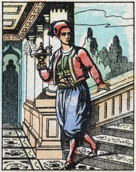 Aladdin with the magic lamp no longer finds his way. Engraving of the tale of Thousand and One Nights 