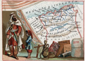 Algeria in Africa and the Province of Oran, France. Series on the French Departments. Import of Figs, Cotton, Tobacco, Agathe and Lead. Chromolithography the geographic thread, circa 1920. Private collection