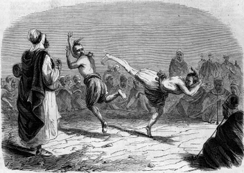 Algerian custom: Arab dance. Drawing by Mr Rigo, based on a sketch by Mr Ameler, battalion commander. Engraving in "Le Monde Illustré" no. 86 of 11 December 1858.