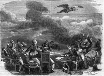 Allegory of the end of the Vienna Congress in 1815 - extraordinary agitation of diplomats learning the debarkation of Napoleon - in 