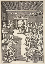 An Alchemy lesson in the 14th century, illustration from Histoire de la Nation Francaise, Sciences, Volumes I & II