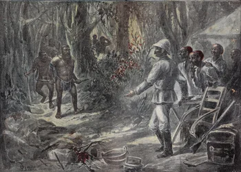 An English Traveler Lloyd Discovers the Pygmies While Exploring Africa. Engraving in 
