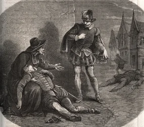 An emissary of the King of France Henry III (1551-1589) was found dying in the streets of Rome in 1582. He carried a compromising message from the king concerning his sister, Marguerite de Valois (1553-1615), known as Queen Margot. Engraving from 1871 in 