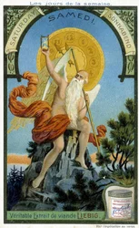 Ancient Divinity holding an hourglass as a symbol of time passing to illustrate Saturday. Liebig Chromolithographic Advertising Card