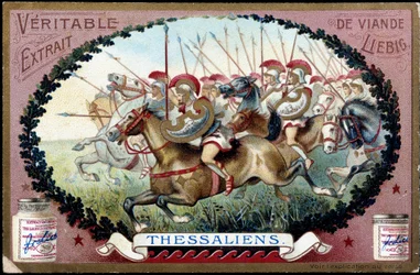 Ancient Greece: Thessaly in Antiquity. Thessalian Cavalry Attack Against the Romans. Liebig Chromolithography from the End of the 19th Century.