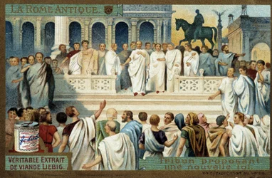 Ancient Rome: tribune proposing a new law - Liebig Chromolithography, c.1900