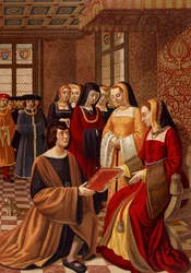 Anne of Brittany (1477-1514) surrounded by her ladies of honor. Chromolithography after a 16th century miniature. Library of Arts Deco, Paris