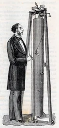 Apparatus by Arthur Jules Morin (1795-1880) apparatus for the study of the fall of bodies - Engraving in “Sciences brought to the graces of all - Popular physics and chemistry” by Alexis Clerc - End 19th century - Private collection