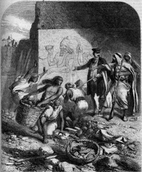 Archeological excavations: discovered low Assyrian reliefs in Nemroud (Asia Minor) by the English archeologist Austen Henri Layard