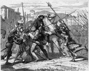 Arrest of Ludovico Maria Sforza, known as il Moro (1452-1508) in Milan in 1500. Betrayed by Swiss mercenaries, he fell into the hands of the French army. Engraving in 