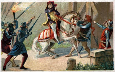 Assassination of Étienne Marcel, rich draper and Provost of the Merchants (1316-1358), by the alderman Jean Maillart, one of the leaders of the royalist party, in July 1358. Chromolithograph from the late 19th century.