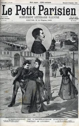 Assassination of Empress Elisabeth of Austria (Sissi) by the Italian anarchist Luigi Lucheni in Geneva in 1898. Cover of “Le Petit Parisien” of 1898 - The Assassination of Empress Elisabeth of Austria (Sissi) by Italian anarchist Luigi Lucheni, in Geneva