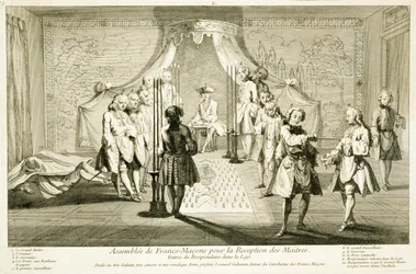 Assembly of Free Masons for the Initiation of a Master, the entrance of the candidate to the lodge, from The Ceremonies of Religion and Custom, c.1733