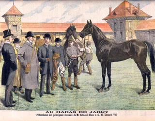 At the Jardy stud farm outside Paris (Marnes-la-Coquette). Breeder Edmond Blanc showing his best horses to King Edward VII. Illustration for Le Petit Journal