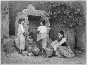 At the well, St. Jean dAcre, from La Syrie daujourdhui. Voyages dans la Phenicie, le Liban et la Judee. 1875-1880 by Louis Charles Emile Lortet, 1884