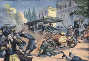 Attack on the Shah of Persia Mohammad Ali Shah Qajar (1872-1925). Engraving from the newspaper Le Petit Parisien