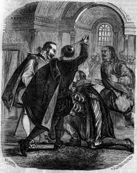 Attempted assassination of Jean Chastel (Jean Chatel) (1575-1594) on the King of France Henry IV on 27 December 1594. Engraving of the 19th century.