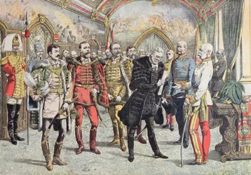 Austro-Hungarian Crisis - reception of Hungarian magnates by Emperor Franz Josef, illustration from Le Petit Journal, 15 October, 1905