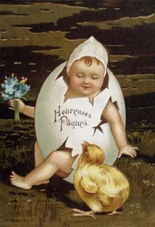 Baby in an egg next to a chick - greeting postcard for Easter