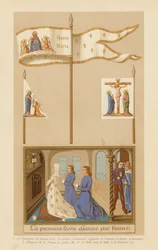 Banners of Joan of Arc and allegory of France at prayer