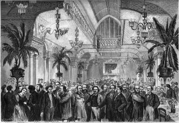 Banquet of the newspaper "Le Figaro", given on February 6, 1864 in the salon of the Restaurant du Passage des Princes in Paris, attended by journalists, writers, artists... Present, from left to right: Nestor Roqueplan, Mme Ugalde, de Montaut, Peter