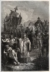 Baptism of the pagan Saxon leader Widukind under the pressure of the emperor Charlemagne - Charlemagne imposes the baptism to the Saxons - Conversion of Widukind or Witikind before Charlemagne in 785 - engraving from L