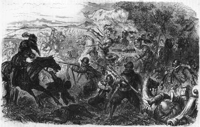 Battle of Coutras in 1587, won by Henri de Navarre, future Henry IV. In “Histoire Populaire de la France”, sd. circa 1885. Engraving
