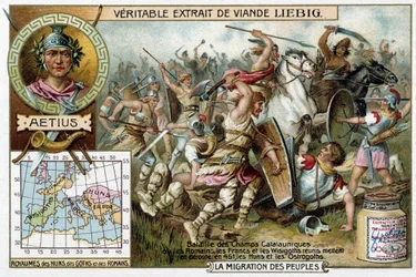 Battle of the Catalaunique Fields, Where the Romans, the Franks and the Visigoths Gathered Together Defeated the Huns and Ostrogoths in 451. Portrait of the Roman General Aetius - Liebig Advertising Vignette