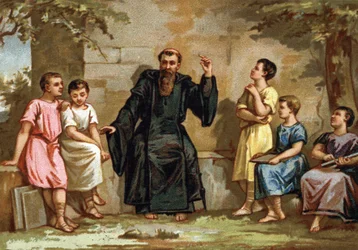 Benoit de Nursie, or Saint Benoit (480-547) teaching his rule to the children of Roman nobles. Chromolithography of the late 19th century