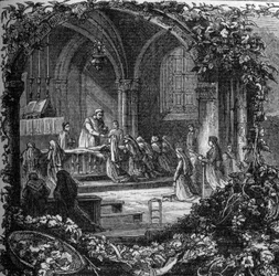 Bernadette Soubirous during her first communion. 19th century (after 1858). Engraving in 