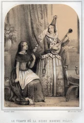 Berthe de Swabia (Burgundy) known as the Filandiere or the queen spinning - Engraving from 